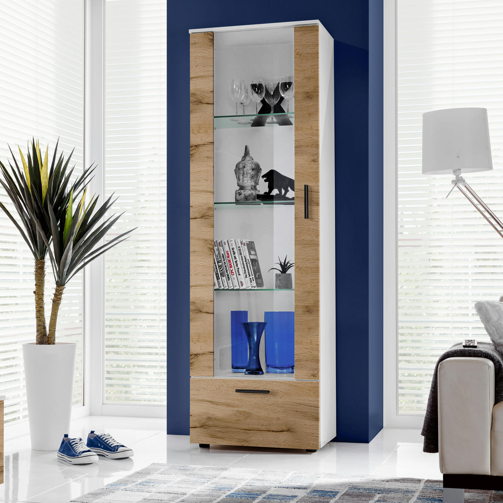 VITRINE ALESSANDRIA, Wotan - Eiche Wotan/Schwarz, Glas/Holzwerkstoff (60/192/42cm) - Komodee