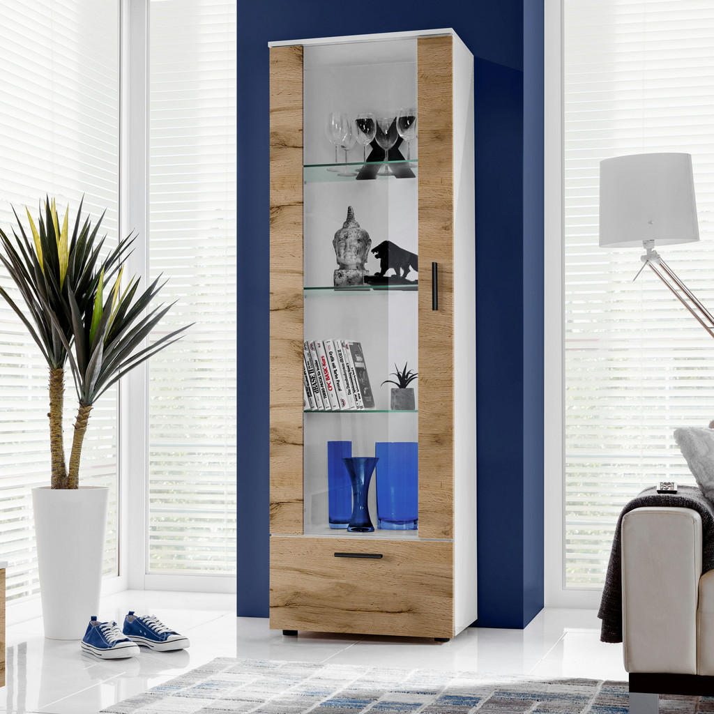 Thumbnail - Komodee Vitrine, Weiß, Eiche Wotan, Glas, Holz Optik, 3 Fächer, Rechteckig, 60x192x42 cm, Wohnzimmer, Wohnwände, Vitrine...