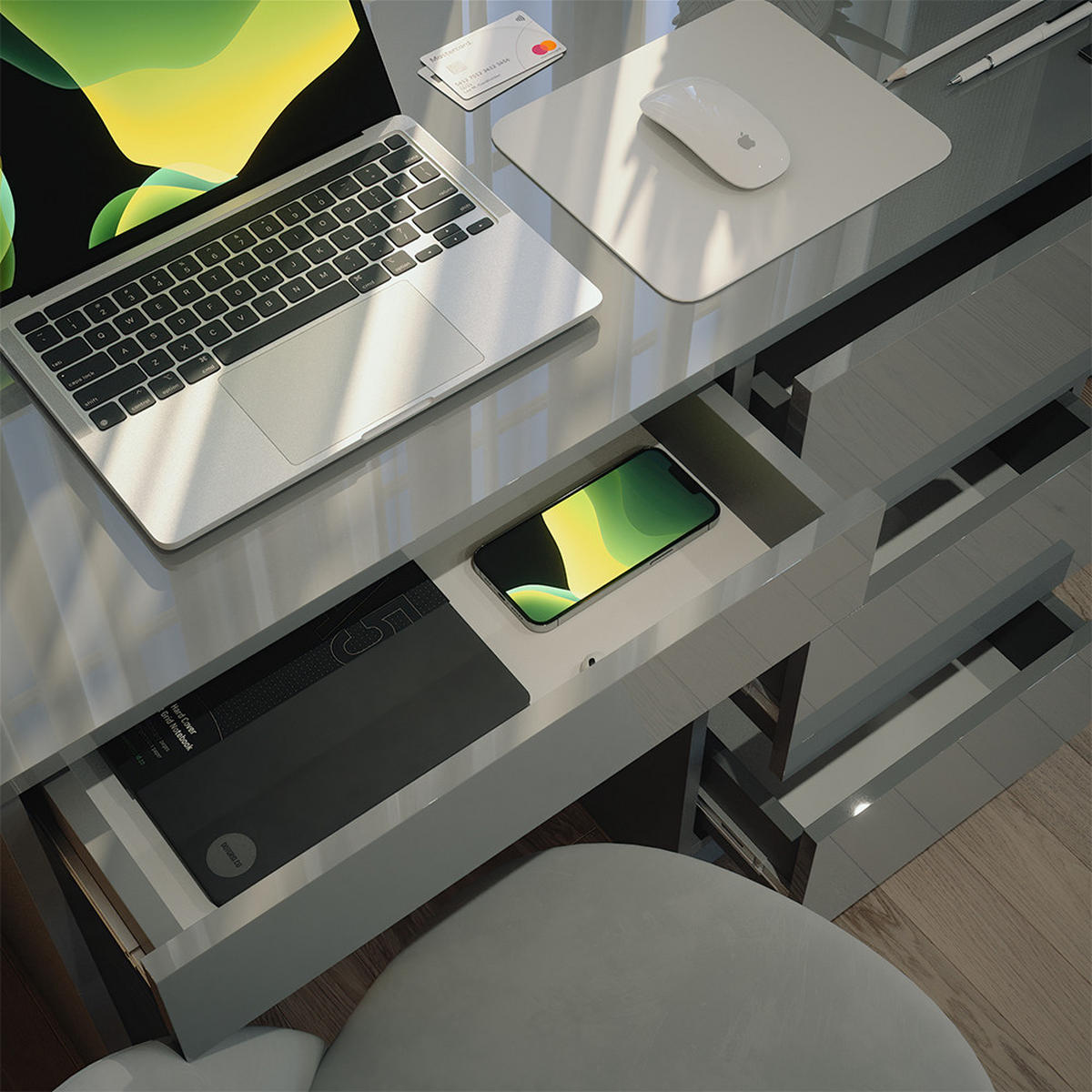 SCHREIBTISCH Sherry Grau Hochglanz 90 x 40 cm mit Schubladen - Grau, Holzwerkstoff (40/90/75cm) - Vicco