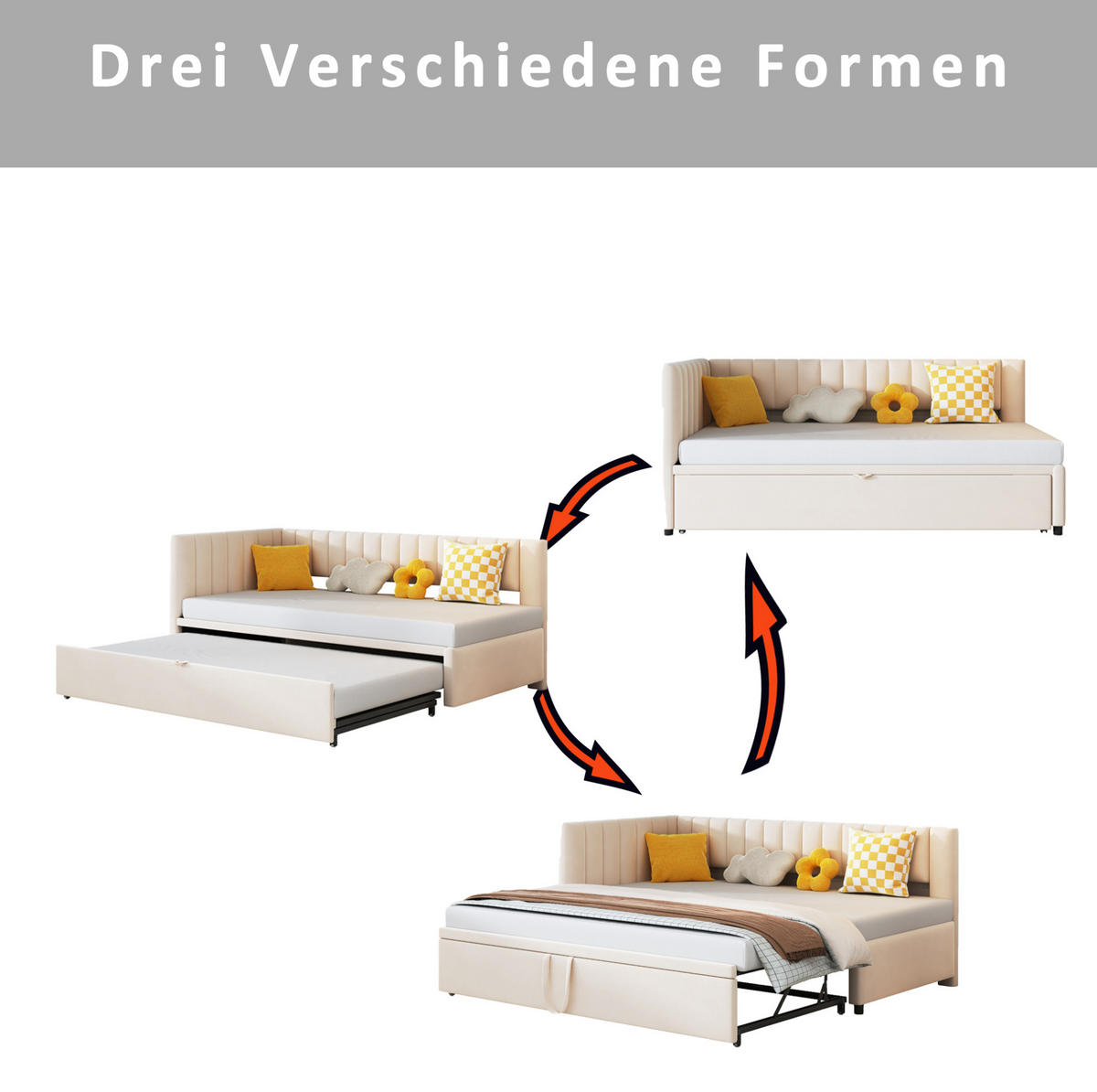 POLSTERBETT 90/200 cm Beige aus Samt mit Ausziehfunktion - Beige, Textil (90/180cm) - OKMYHOME
