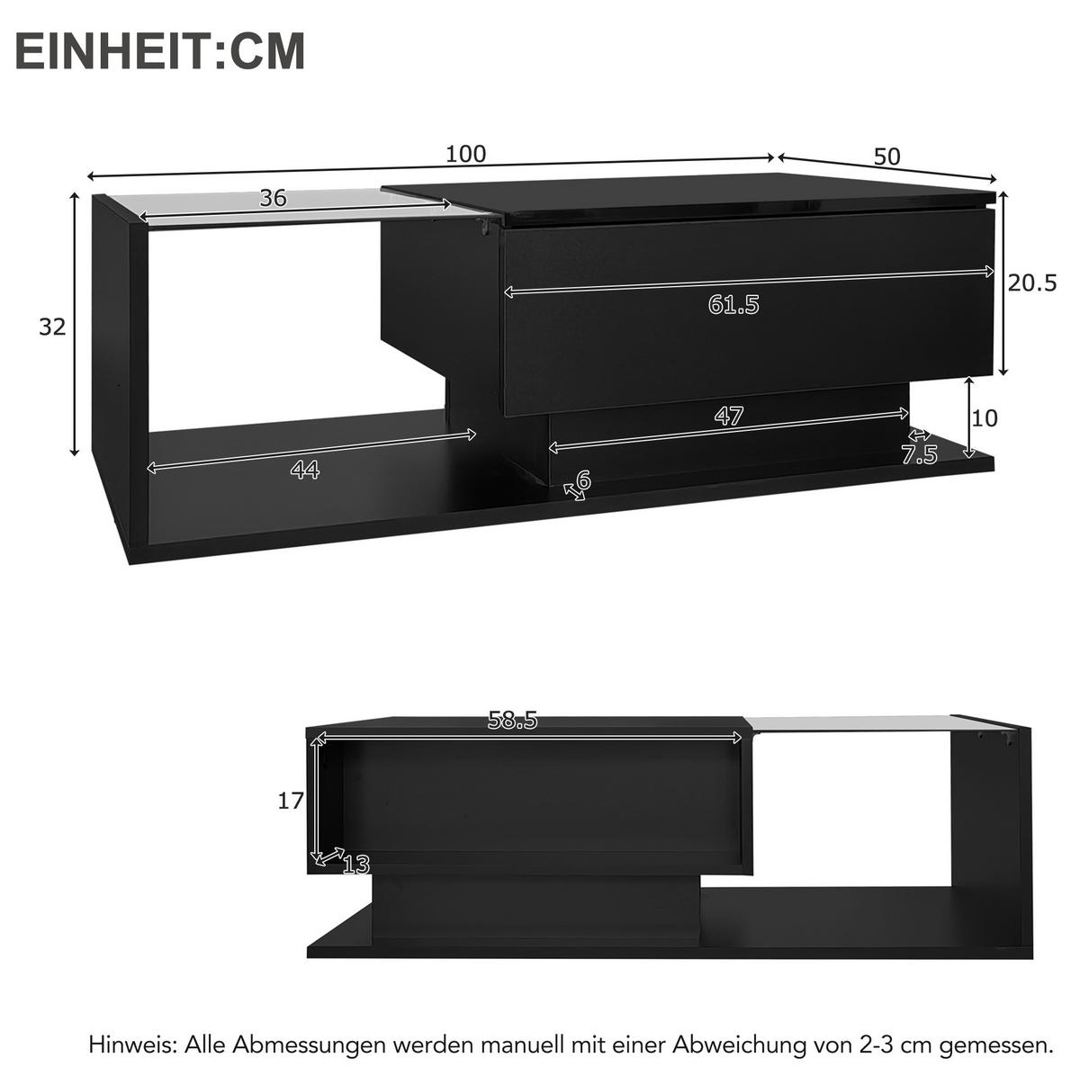 COUCHTISCH 100/50/32 cm Schwarz aus Spanplatte mit Glas, Schublade und LED-Beleuchtung - Schwarz, Holzwerkstoff (100/50/32cm) - OKMYHOME