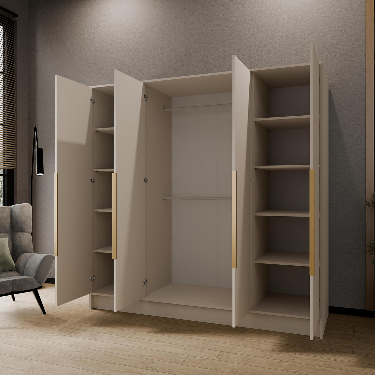 FLÜGELTÜRENSCHRANK PORTO - Kaschmir/Goldfarben, Holzwerkstoff (200/200/51cm) - Meblini