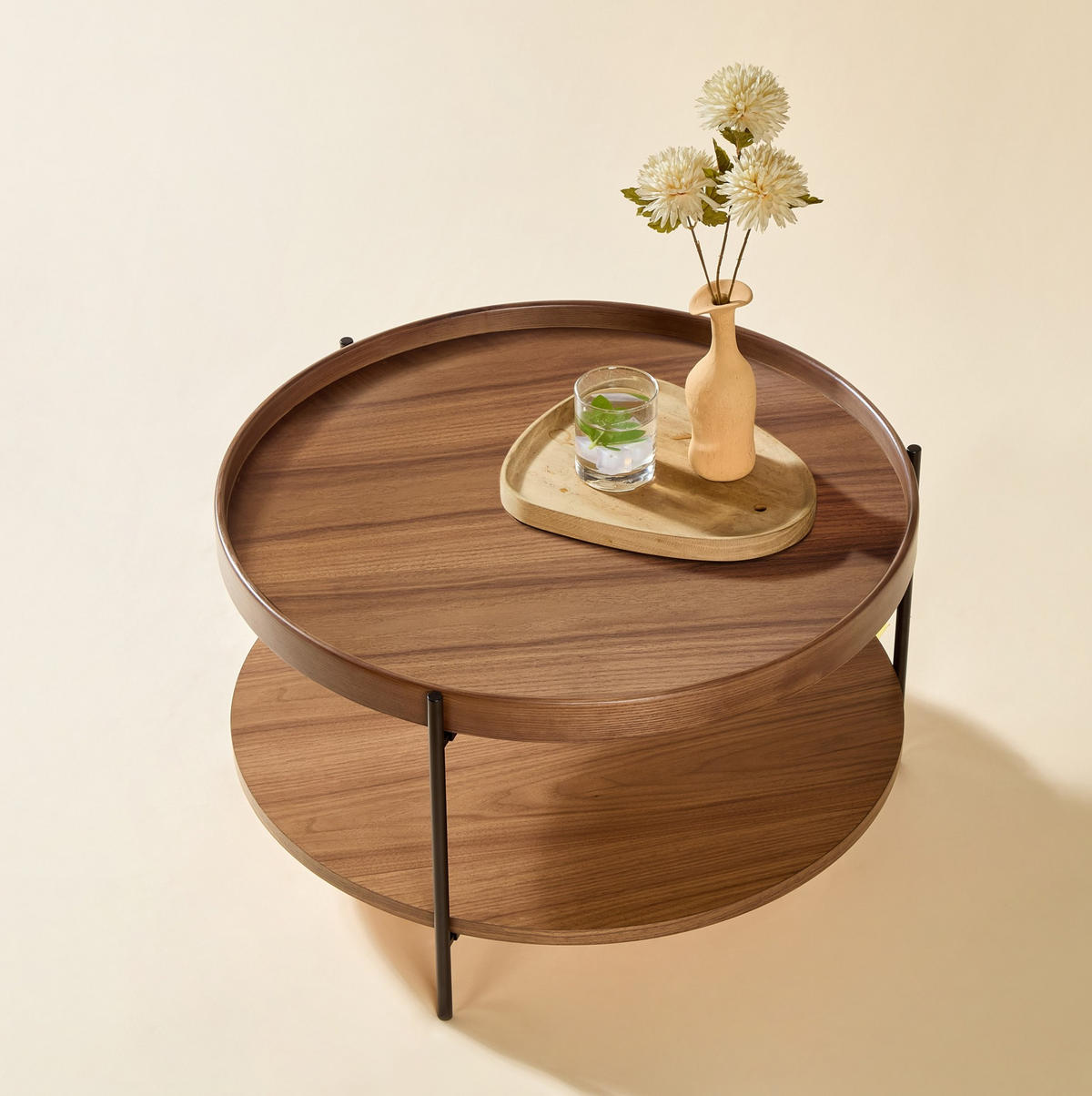 BEISTELLTISCH 44/44/48 cm mit 2-stufigem Tablett-Design und Metallbeinen, Massivholz & MDF, Walnuss - Walnussfarben, Holzwerkstoff (44/44/48cm) - Redom