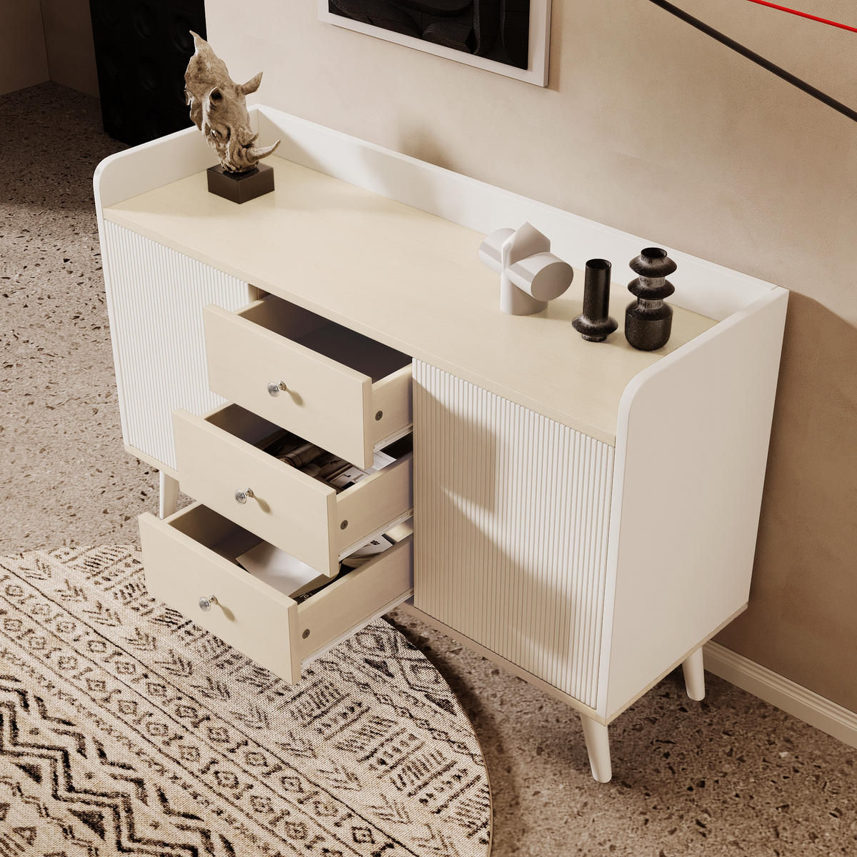 SIDEBOARD mit Schiebetüren & 3 Schubladen, Weiß und Holzoptik - Beige, Holzwerkstoff/Metall (117.5/79/39.5cm) - Urban Meuble