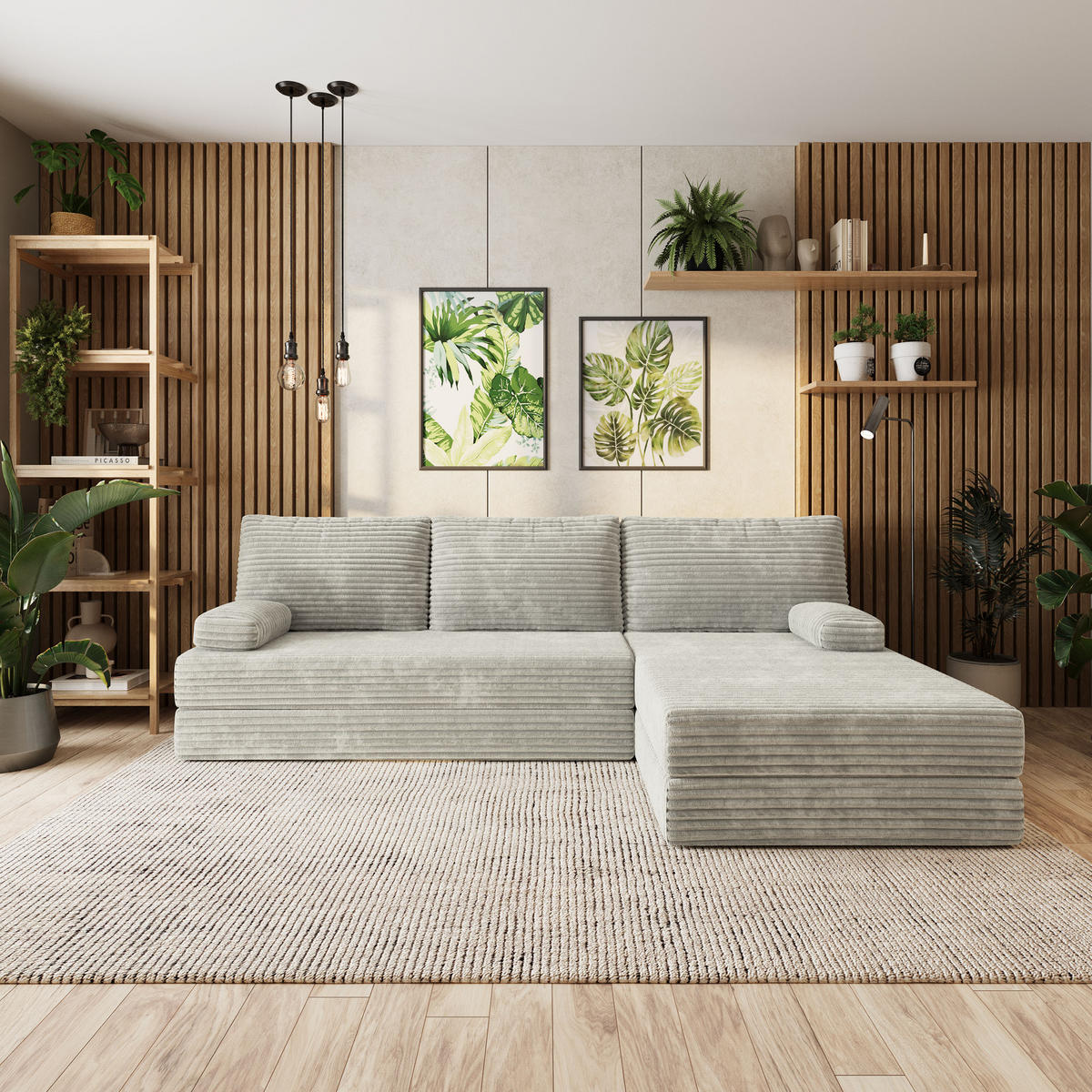 ECKSOFA ANKO modulares Boneless Sofa mit Schlaffunktion Hellgrau Kordstoff - Hellgrau, Textil (270/160cm) - MASSENO