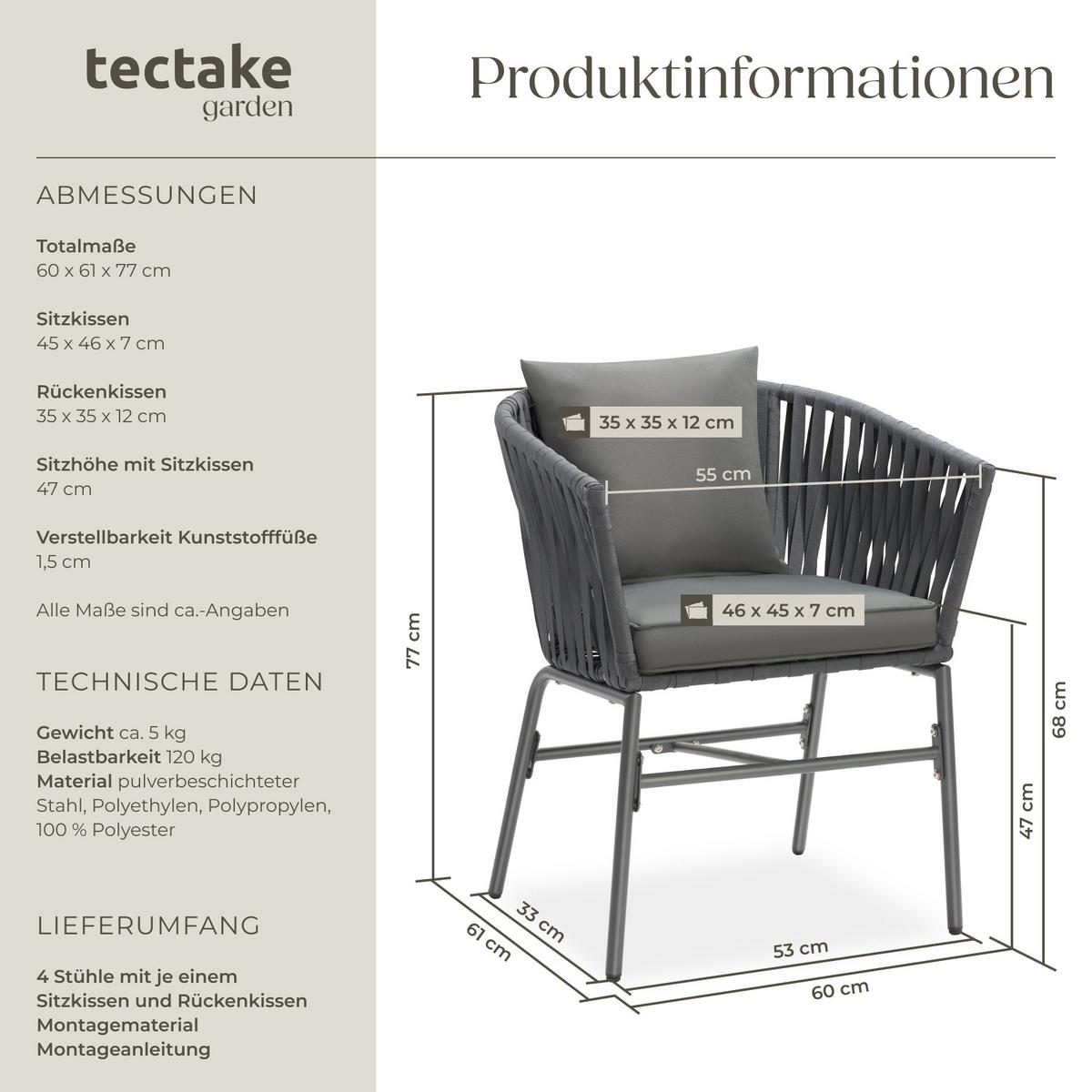 STUHLSET Valeiras,60 x 61 x 77 cm,dunkelgrau/dunkelgrau - Dunkelgrau, Textil (60/77/61cm) - tectake