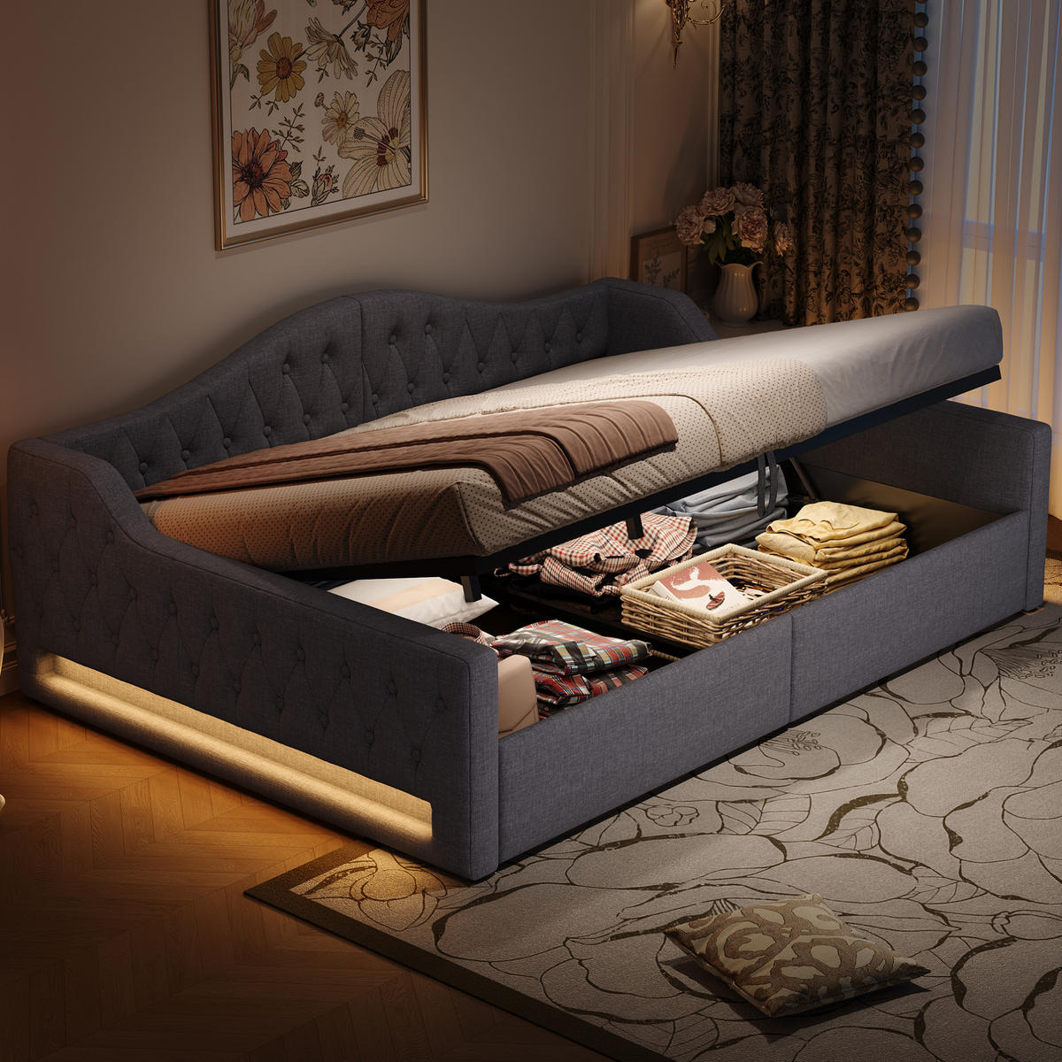 POLSTERBETT 140/200 cm Grau aus MDF mit LED-Beleuchtung und Stauraum - Grau, Holzwerkstoff (140/200cm) - OKMYHOME