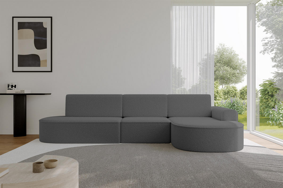 ECKSOFA mit Schlaffunktion Ottomane RECHTS MARI L2-S 368X167X85 Grau Bouclé - Schwarz/Grau, Holzwerkstoff/Kunststoff (167/368cm) - ALTDECOR