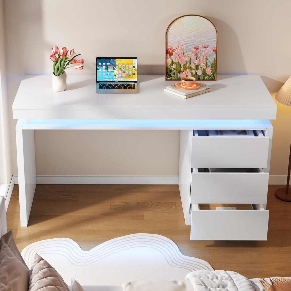 SCHREIBTISCH LED 120cm 3 Schubladen Homeoffice modern - Weiß, Holzwerkstoff (120/50/78.5cm) - FLIEKS