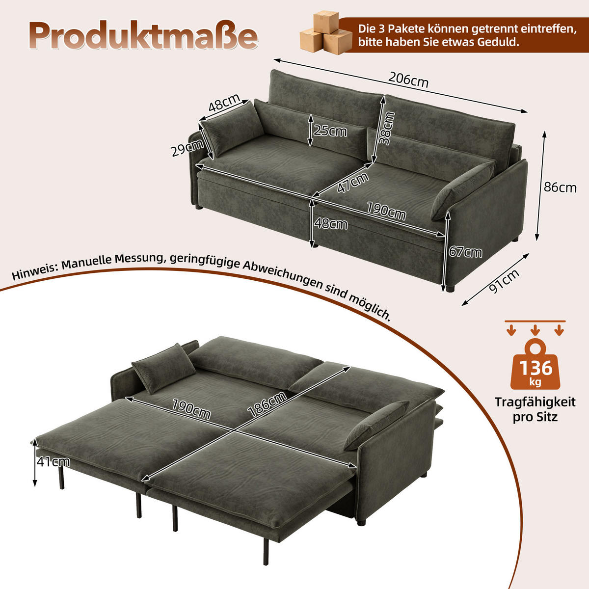 SCHLAFSOFA 3-Sitzer Chenille Wolken-Sofa mit Bettkasten Ausziehbar 206cm - Dunkelgrau, Textil (206/86/91cm) - Urban Meuble