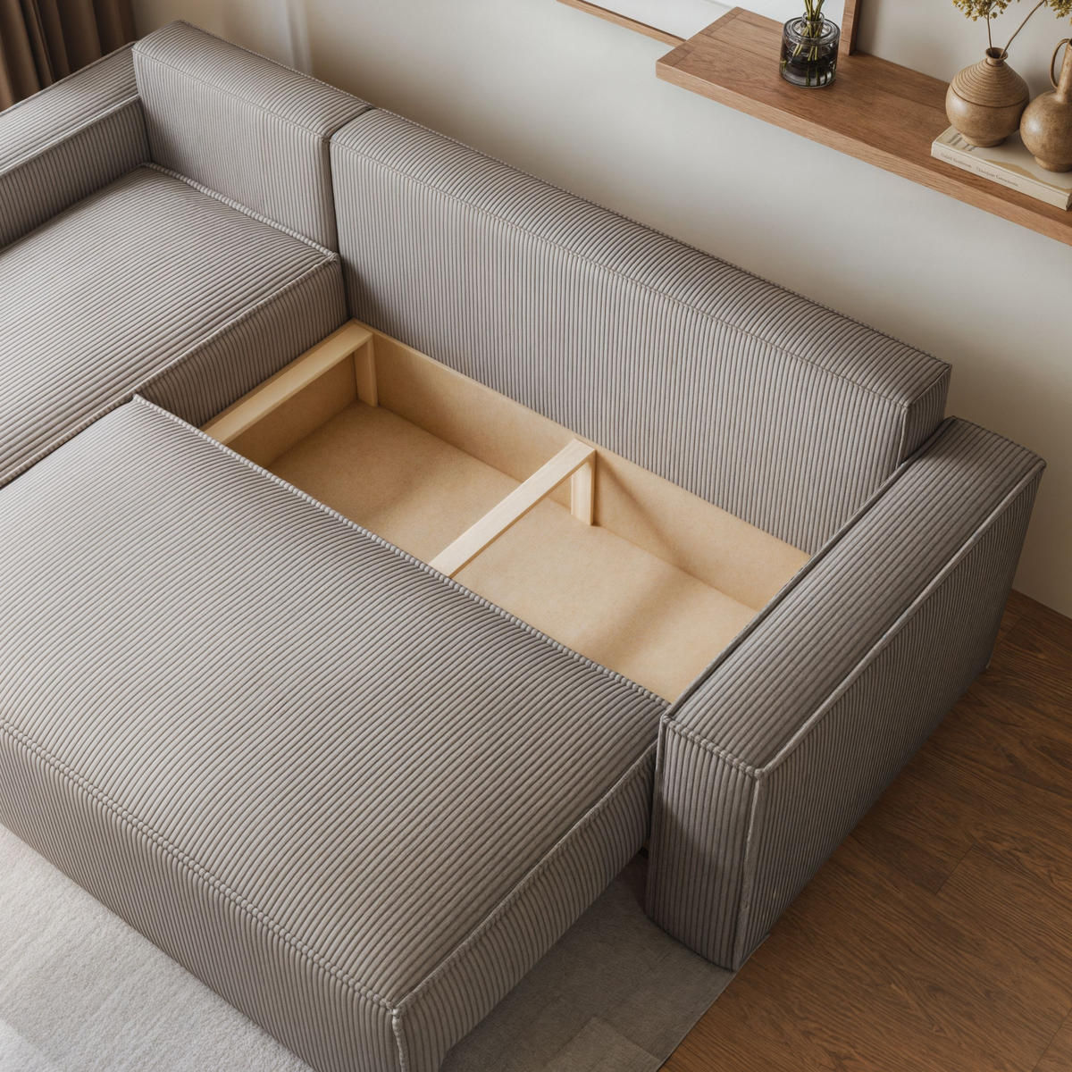 ECKSOFA RAVELO P Grün Kordstoff mit Schlaffunktion - Grün, Holz (240/140cm) - MASSENO