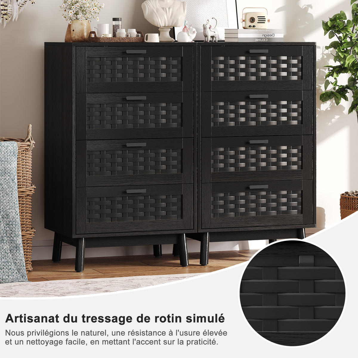 SCHUBLADENSCHRANK aus Rattan, Wohnzimmer Kommoden mit 4 Schubladen, Holz, in Schwarz - Schwarz, Holz (39.8/95/55cm) - BPKADHY