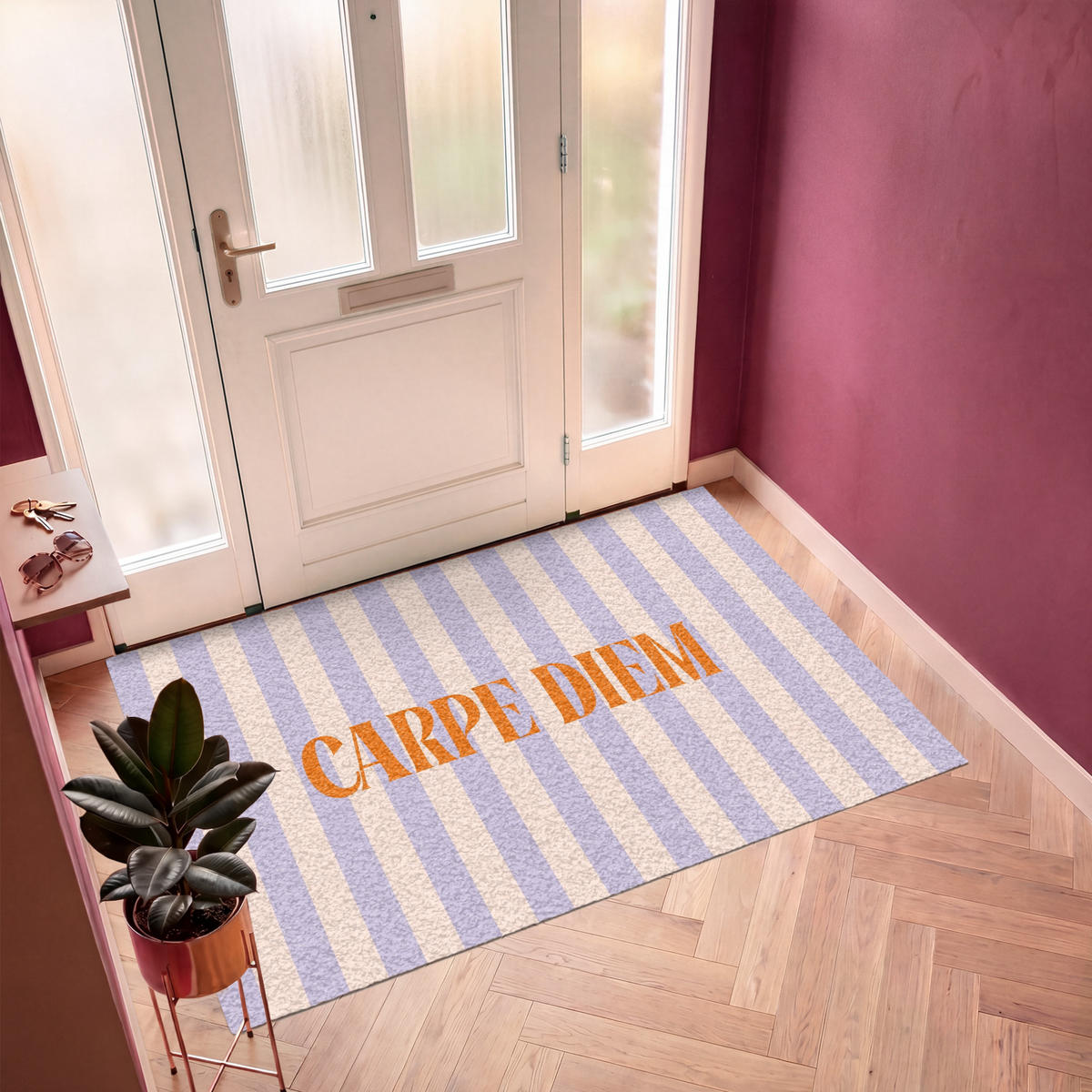 FUSSMATTE Lila – Orange – Streifen – Carpe Diem 180x120 cm - Flieder, Kunststoff (180/0.4cm) - MuchoWow