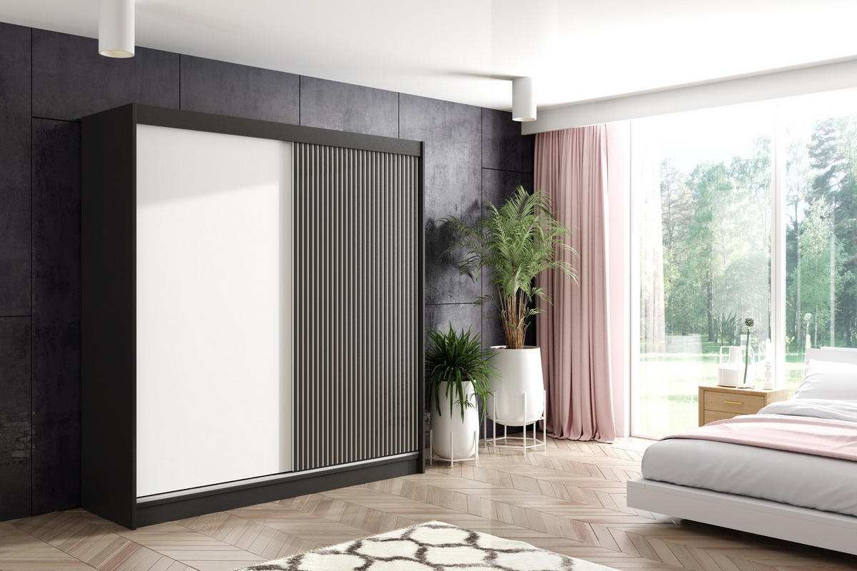 KLEIDERSCHRANK VILAN mit Lamel/LED - 200 cm - Schwarz - Schwarz, Holzwerkstoff (200/215/61cm) - ALTDECOR