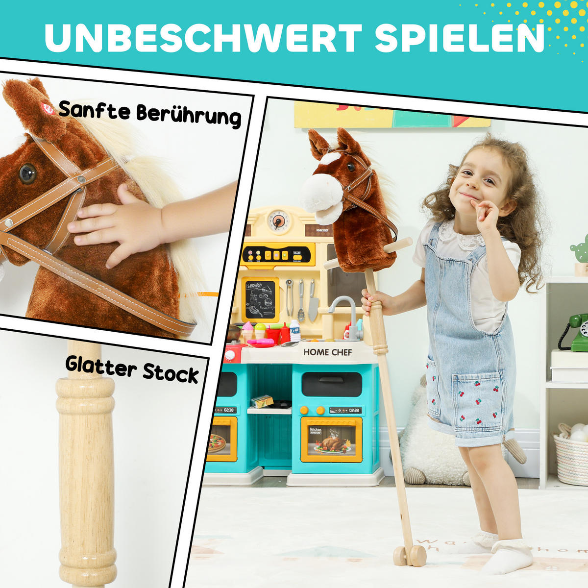 STECKENPFERD Kinder Steckenpferde mit Sound, Griffe, Rolle Stockpferd zum Reiten - Braun, Textil (25/95cm) - AIYAPLAY