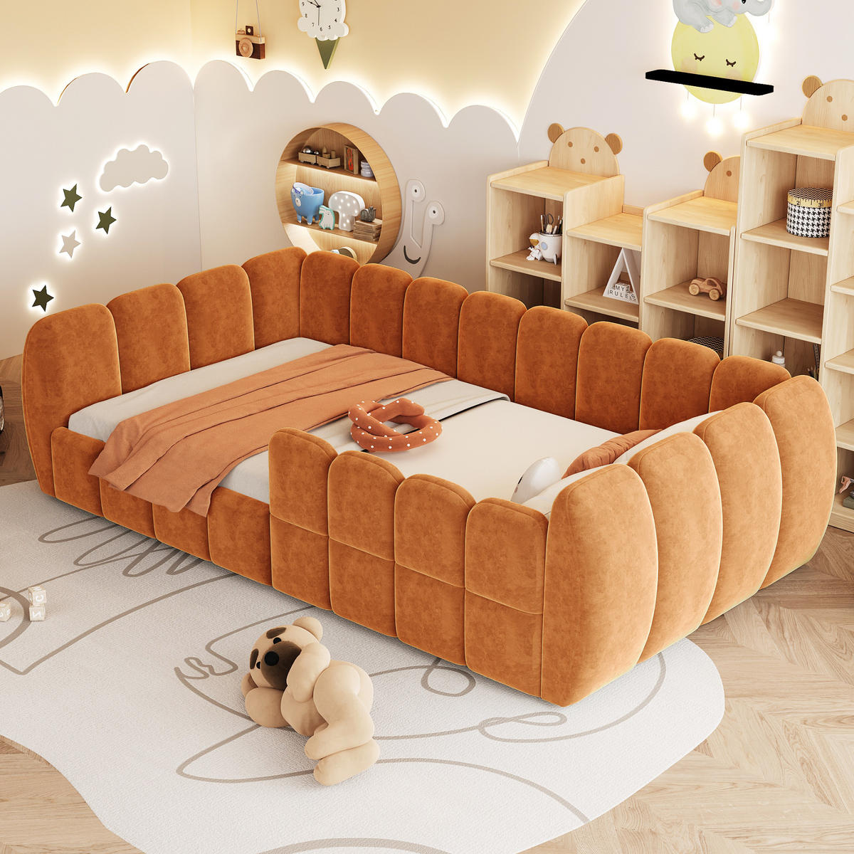 KINDERBETT 90x200cm Bodenbett Samt Rundschutz Orange - Orange, Textil (90/200cm) - FLIEKS