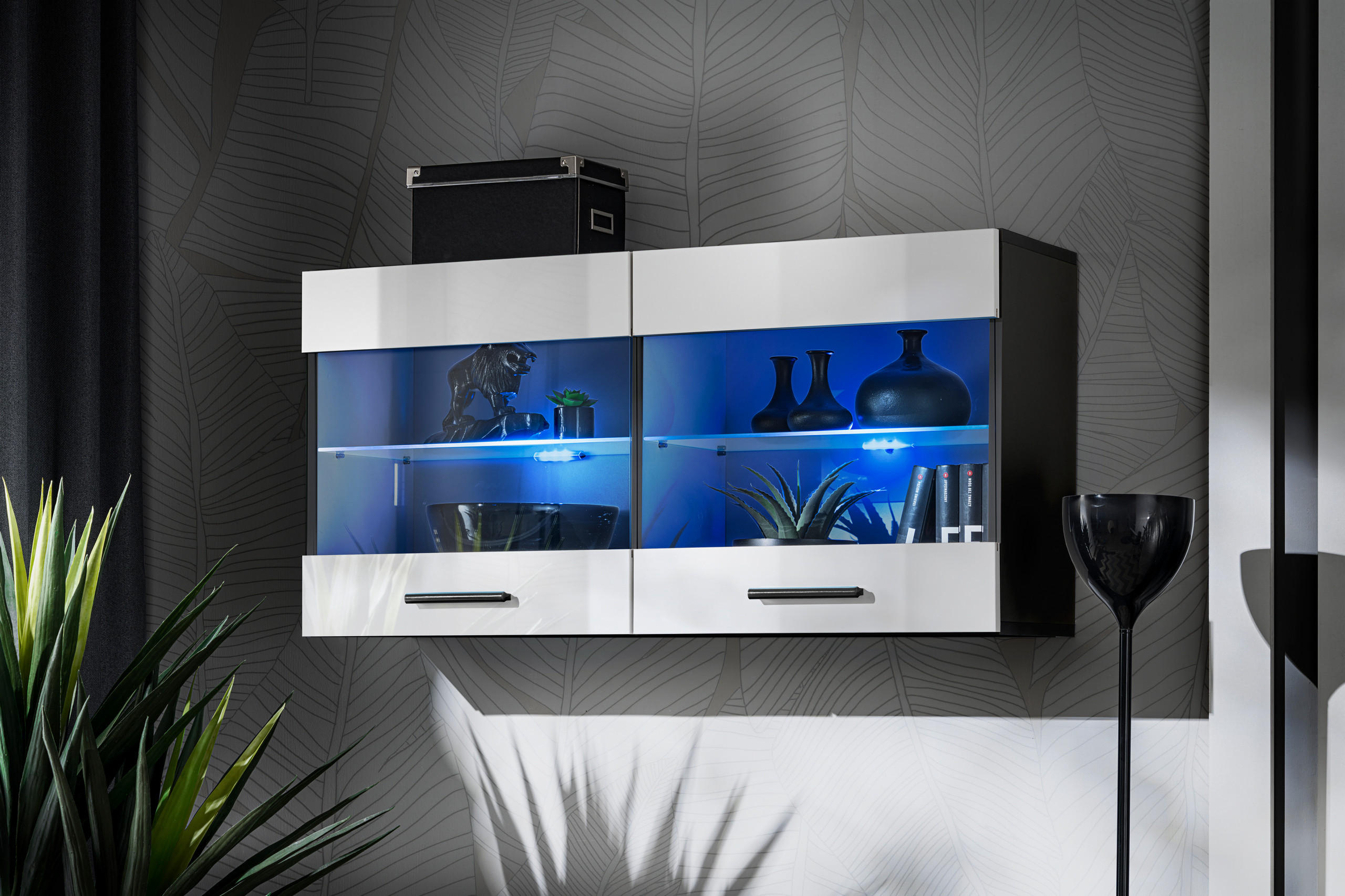 HÄNGEVITRINE SAVONA, Weiss, LED Blau - Schwarz/Weiß, Glas/Holzwerkstoff (100/50/27.2cm) - Komodee