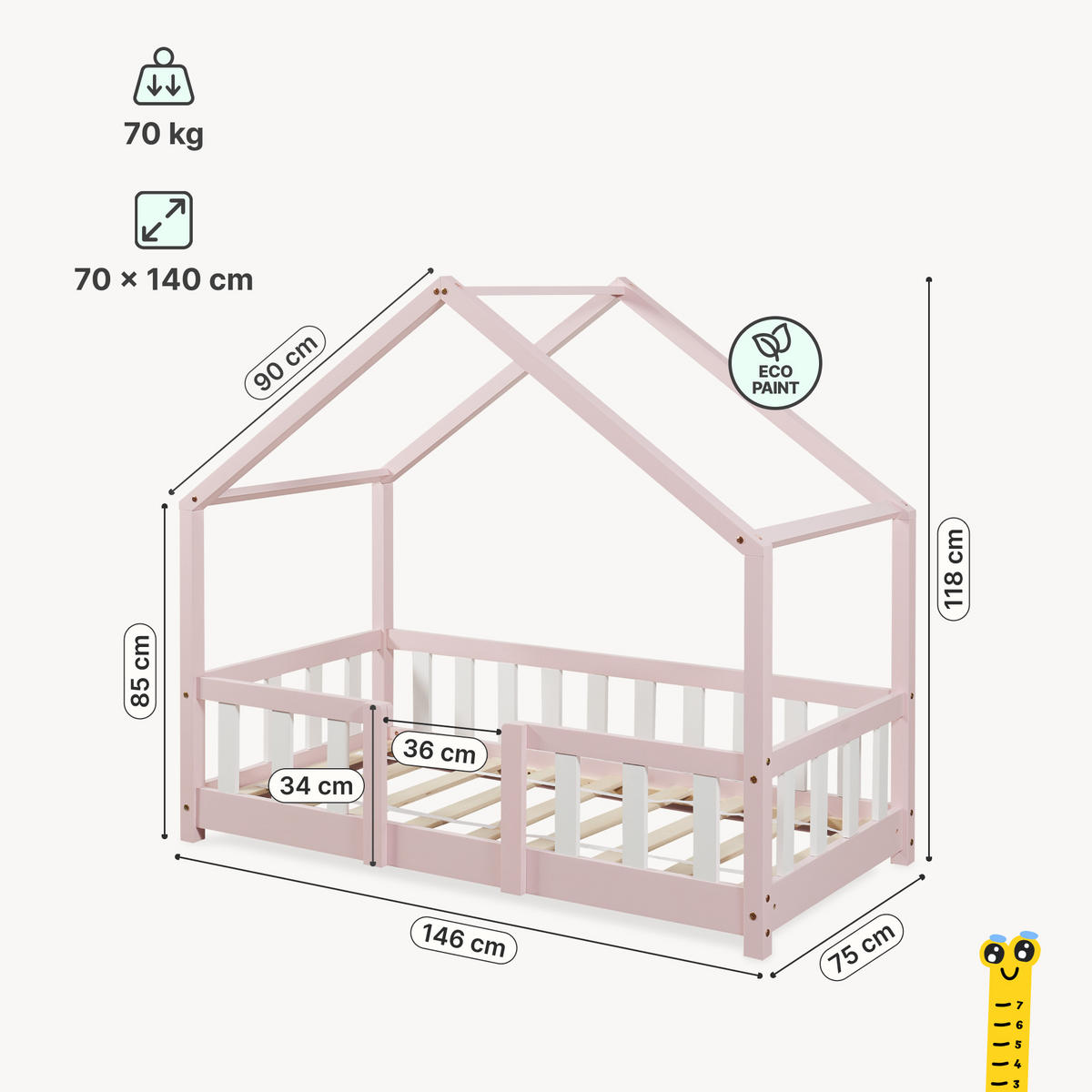 HAUSBETT Treviolo - Pink/Weiß, Holz (70/140cm) - [en.casa]