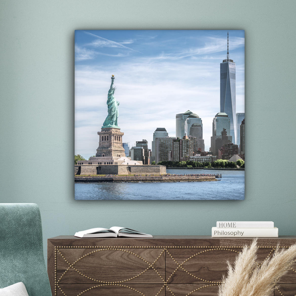 LEINWANDBILD New York - Freiheitsstatue - Wasser Deko Groß 90x90 cm - Hellblau, Textil (90/90cm) - MuchoWow