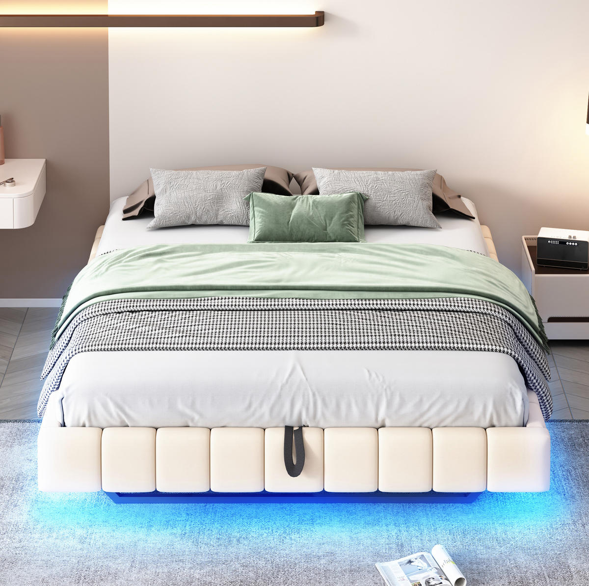 POLSTERBETT 160/200 cm Beige mit Stauraum und LED-Beleuchtung - Beige, Textil (160/200cm) - OKWISH