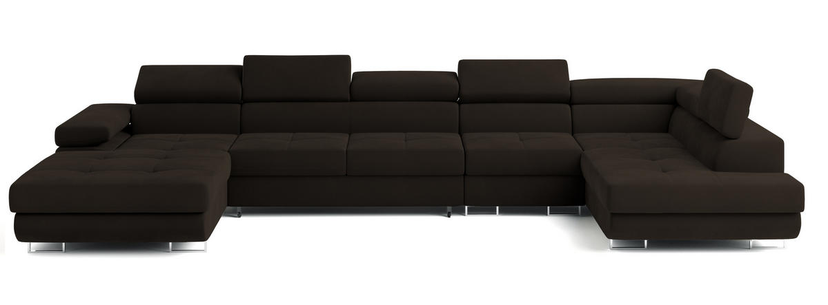 WOHNLANDSCHAFT VELORA R-S Braun Velours-Stoff mit Schlaffunktion - Braun, Holz (419/90/202cm) - MASSENO