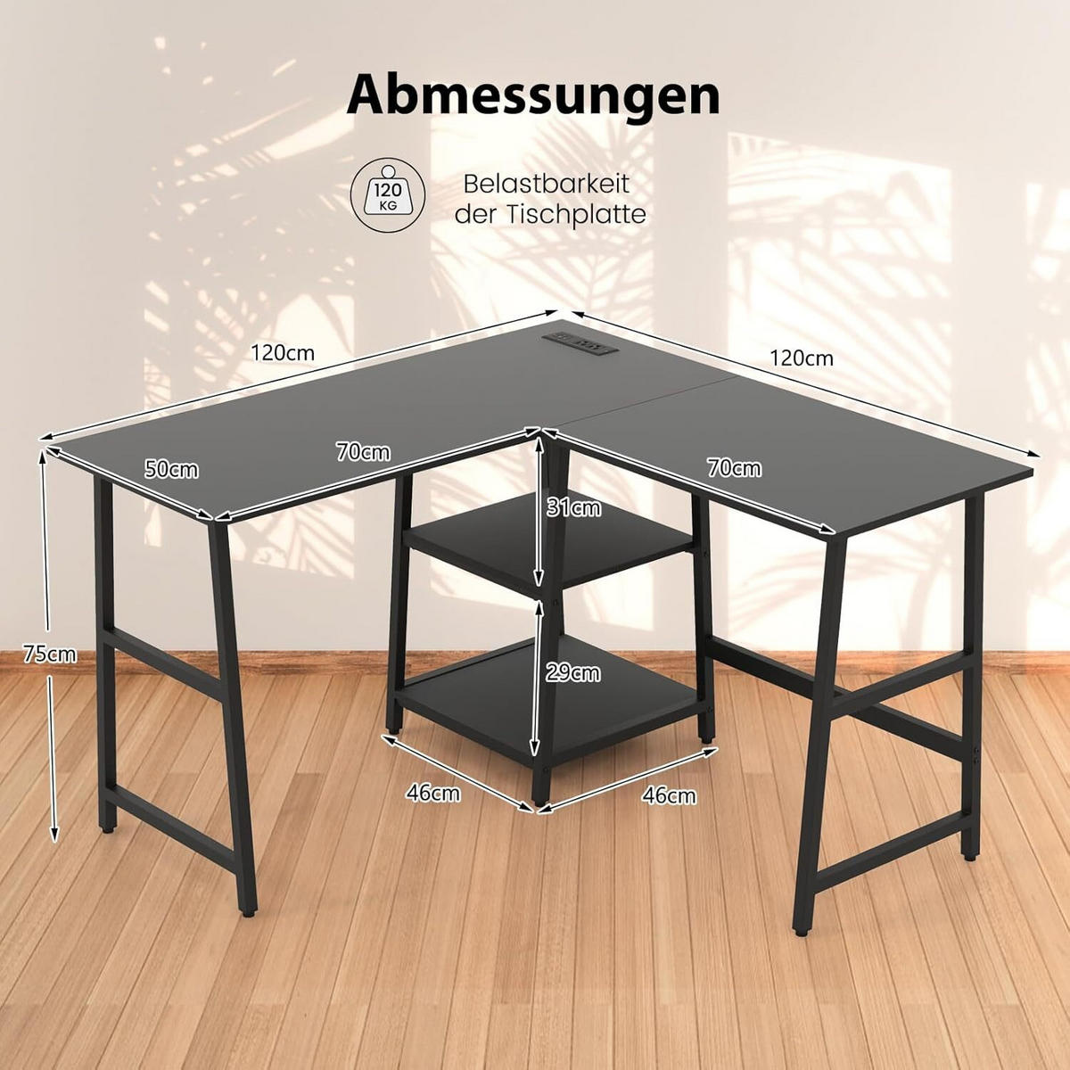 SKRIVBORD 75 cm Svart - Svart, Trä (120/120/75cm) - COSTWAY