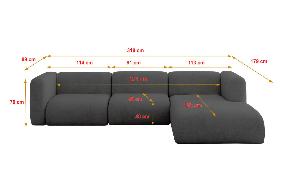 ECKSOFA Ottomane Rechts MIRA-L2 318x179x89 Dunkelgrau Velours - Dunkelgrau/Schwarz, Holzwerkstoff/Kunststoff (318/179cm) - ALTDECOR