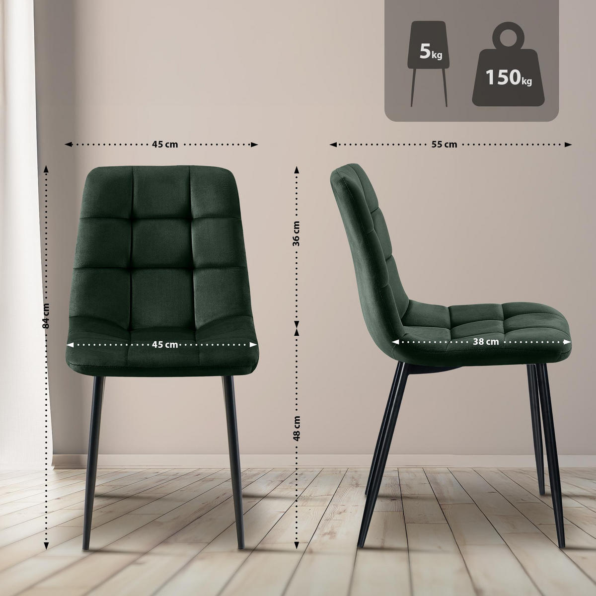 STUHL 4er Set Samt Grün - Schwarz/Grün, Textil/Metall (45/84/55cm) - CLP