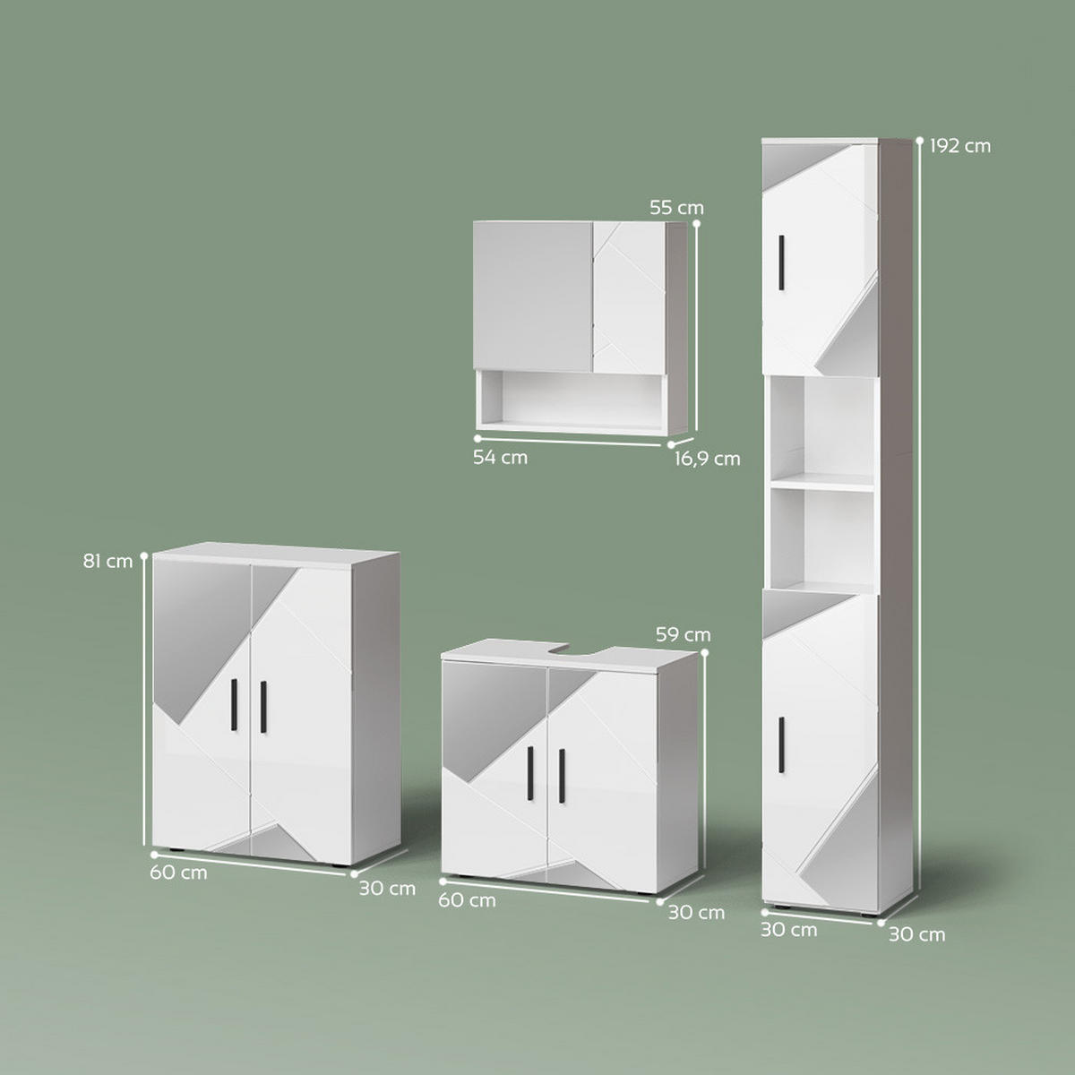 BADMÖBEL-SET Ronco Weiß Hochglanz mit Einsätzen 4 Teile, mit Hochschrank und Kommode - Weiß Hochglanz, Holzwerkstoff (60/60/59cm) - Livinity®