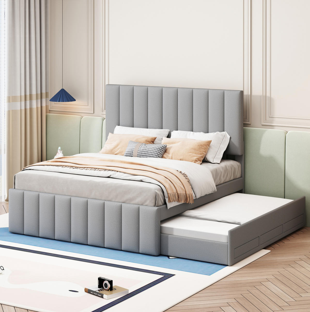 POLSTERBETT 140/200 cm grau mit Ausziehbett und Schubladen - Grau, Textil (140/200cm) - OKWISH