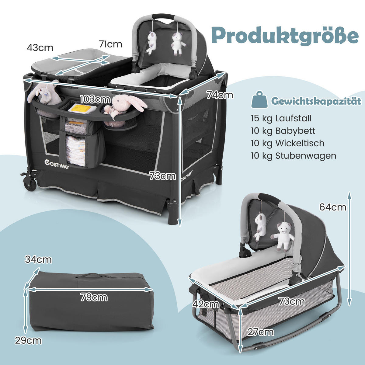 KINDERBETT mit Matratze grau - Grau, Textil - COSTWAY