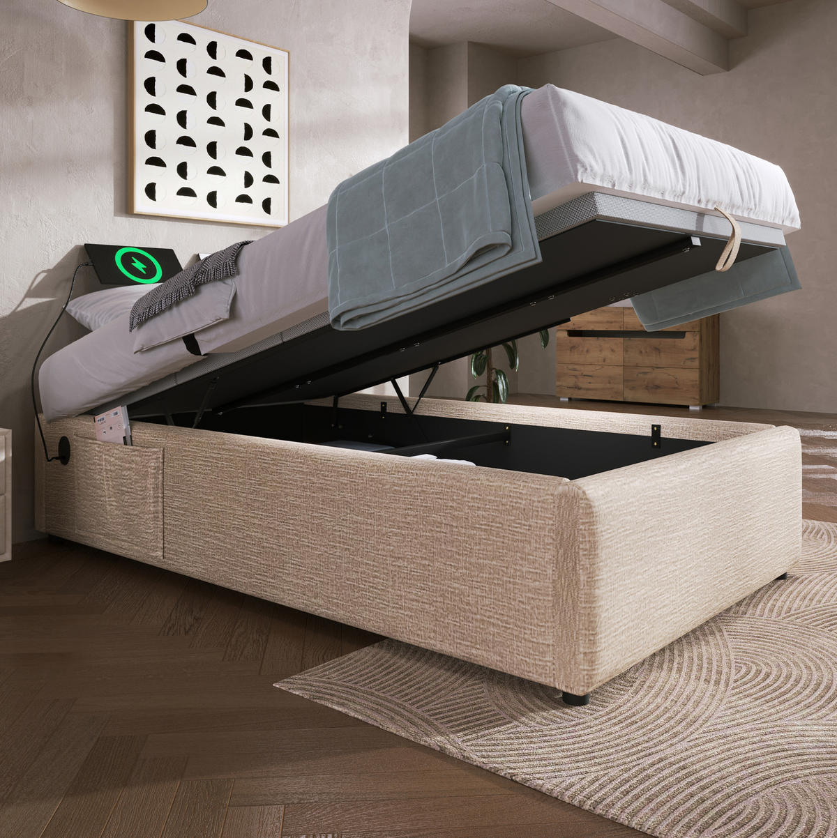 POLSTERBETT 90/200 cm aus Leinen mit Stauraum und USB- und Type-C-Anschlüssen - Beige, Textil (90/200cm) - Flora Grace