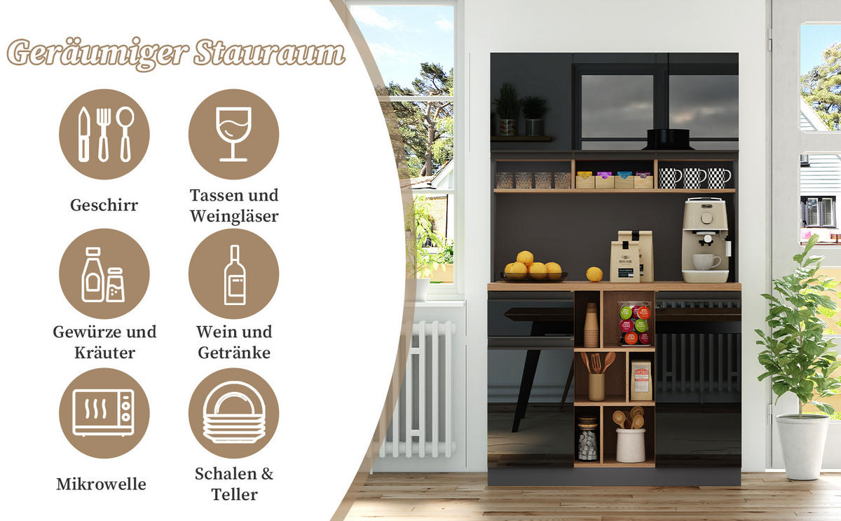 KÜCHENBUFFET mit 1 Schubladen und verstellbaren Einlegeböden, 105 x 45 x 185 cm, Schwarz/Natur, MDF - Schwarz, Holzwerkstoff (105/185/45cm) - SONNENH