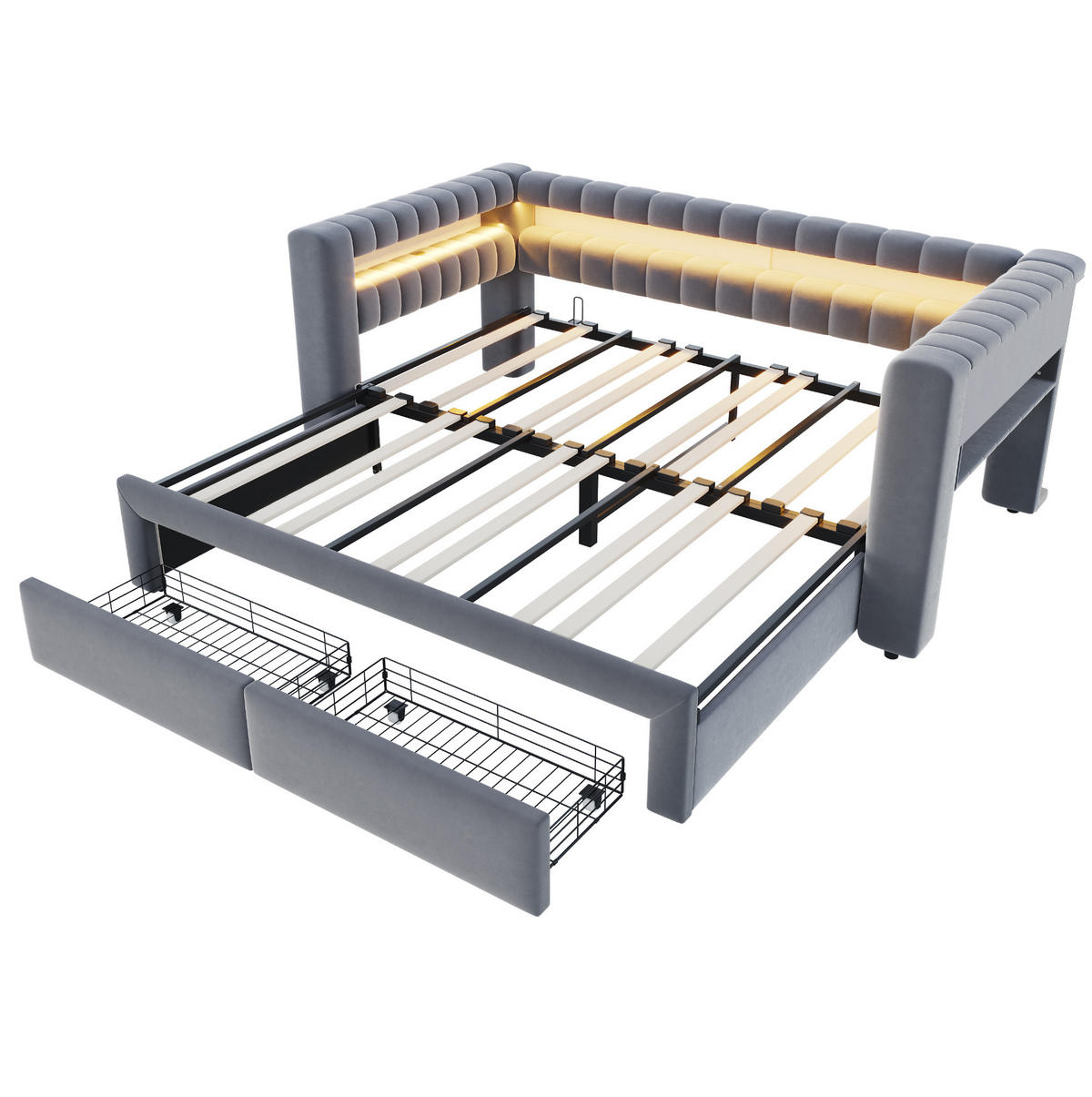 ROZKLÁDACÍ postel 90/190 cm sametová s LED osvětlením, USB-C a úložnými prostory, Šedá - šedá, textil (90/190cm) - Redom
