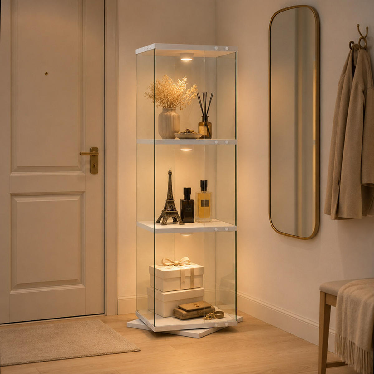DREHVITRINE 360° mit RGB LED, 3 Ebenen, Glasvitrine weiß für Deko - Weiß, Glas (38/121/38cm) - SHOPENTRA