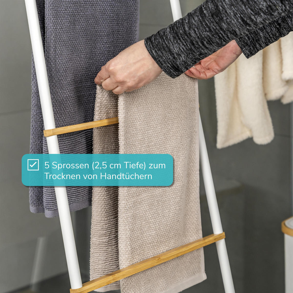 HANDTUCHLEITER, Bambus/Metall, weiß - Weiß, Holz (44.5/164.5/2.5cm) - eluno