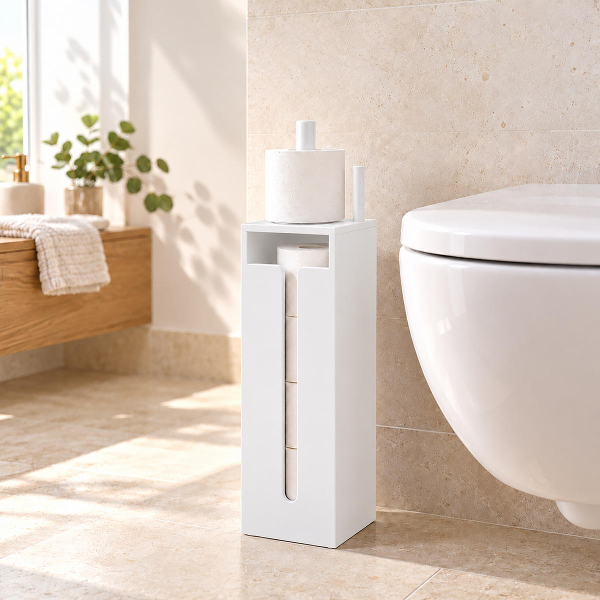 TOILETTENPAPIERHALTER Weiß MDF für 4 Rollen - Weiß, Holzwerkstoff (14/44/14cm) - Relaxdays