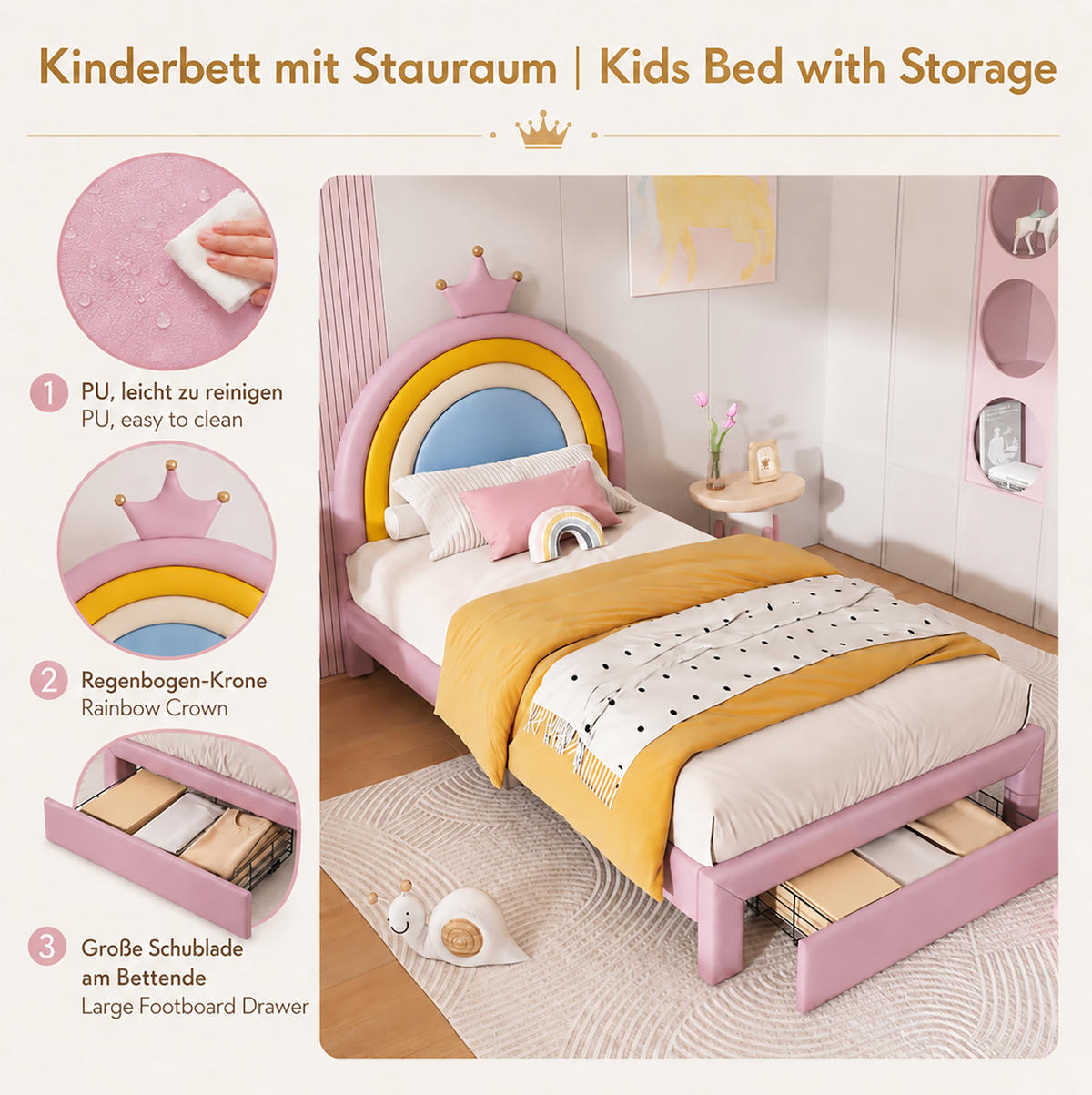 KINDER-POLSTERBETT aus PU 90x200 cm Rosa mit höhenverstellbarem Regenbogen-Kopfteil und Schublade - Pink, Kunststoff (90/200cm) - Modfu