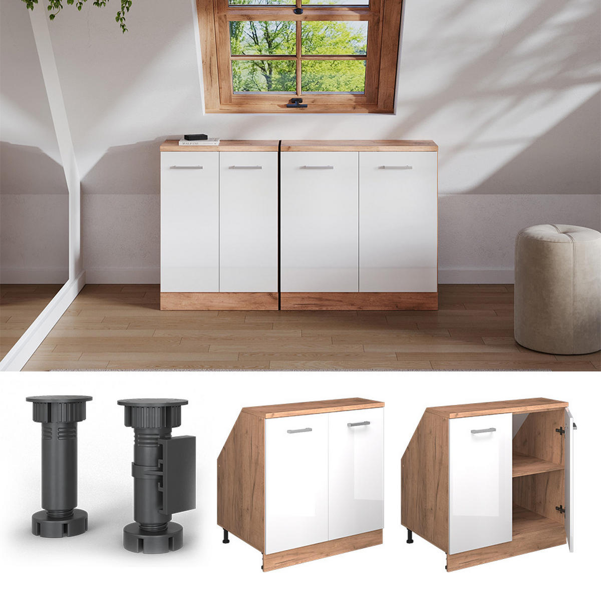 WARDROBE FOR SLOPING CEILING Rion Sjajna Bijela 80 x 81.6 cm s 2 vrata, korpus ormara dubine 60 cm - hrast medunac/bijela visoki sjaj, drvni materijal (80/83.8/60cm) - Vicco