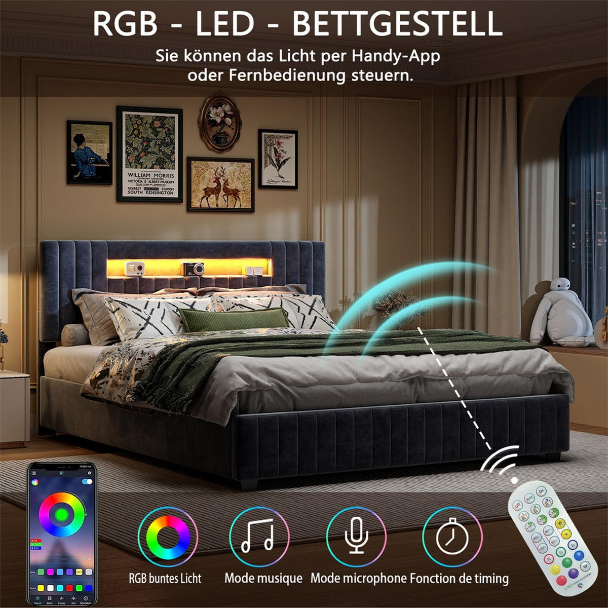 POLSTERBETT 140x200 cm mit LED-Kopfteilbeleuchtung und hydraulischem Bettkasten - ohne Matratze - Grau - Grau, Textil (140/200cm) - DELFA
