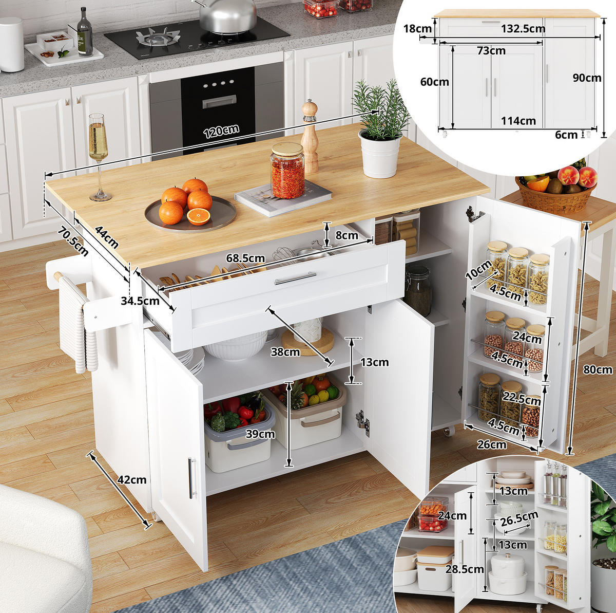 KÜCHENINSEL 132,5/90/44(70) cm Weiß/Natur aus MDF mit klappbarer Arbeitsplatte - Weiß, Holzwerkstoff (44/90/132.5cm) - OKMYHOME