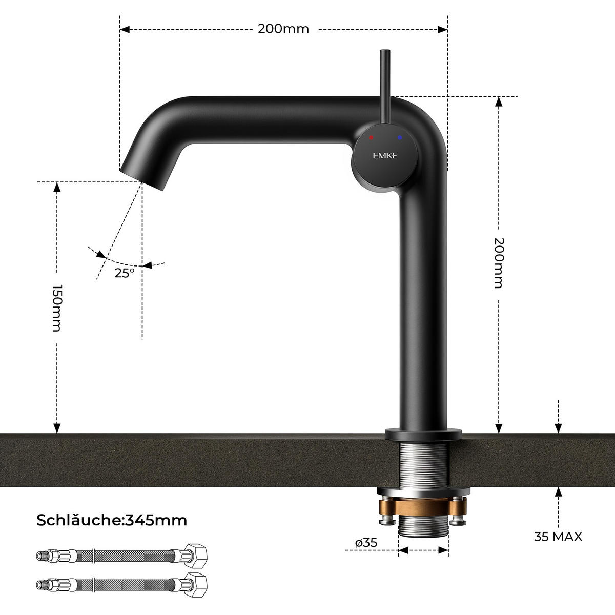 WASCHTISCHARMATUR Ventilkernzertifizierung Schwarz Matt 15cm - Schwarz, Metall (20/7.6/22.2cm) - EMKE