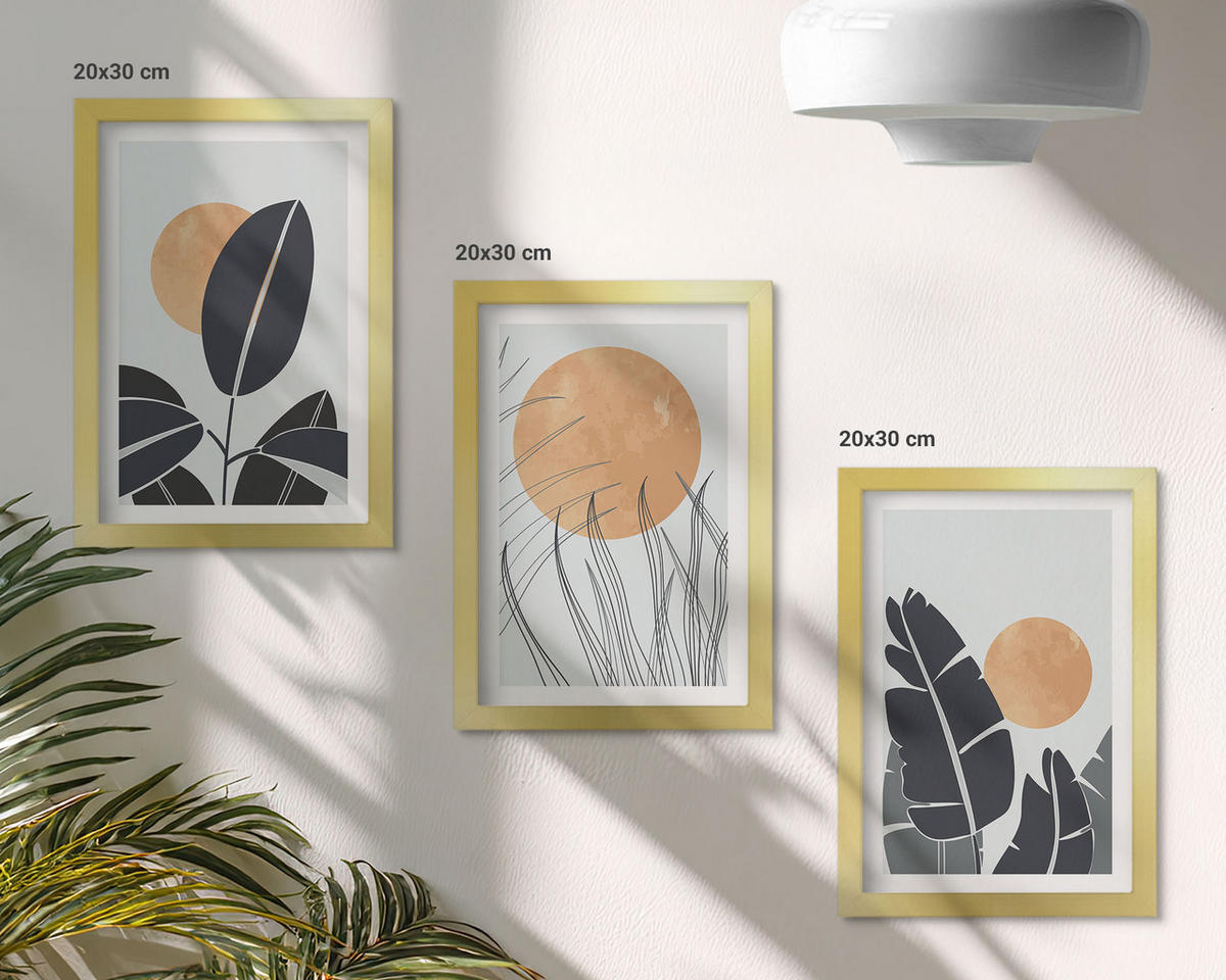 WANDBILDER 3er Set - 20x30 cm Goldrahmen - Pflanzenmuster große Sonnen minimalistisch - Goldfarben, Kunststoff (20/30cm) - ArtPrintCave