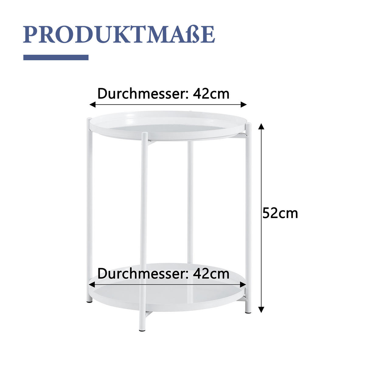 BEISTELLTISCH DE-37346 2-etagig rund mit Metallrahmen und Ablage Weiß - Weiß, Metall (42/42/52cm) - ComfortXL