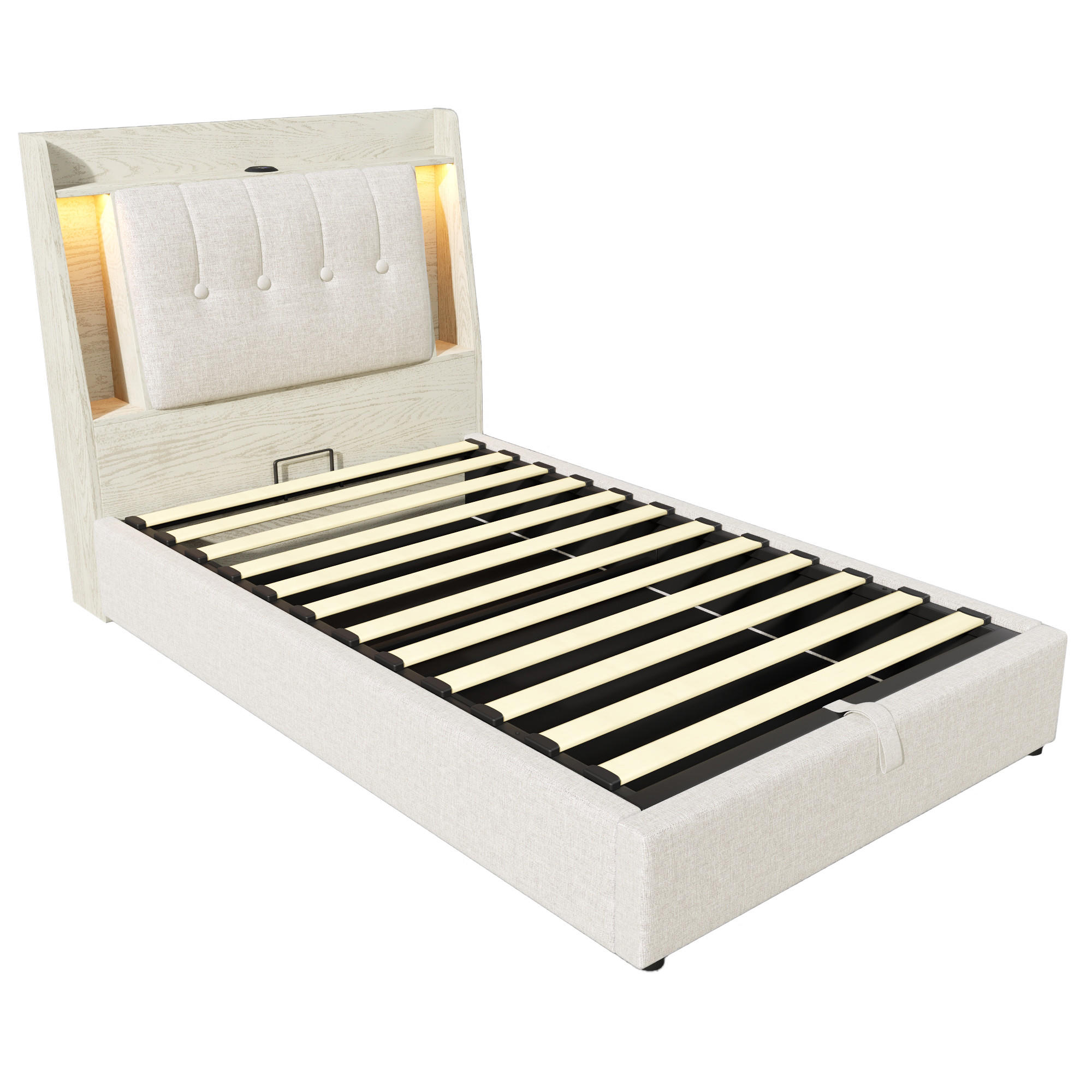 STAURAUMBETT 90/200 cm DE-04876, mit LED und Klappfach in Beige - Beige, Holzwerkstoff/Metall (90/200cm) - ComfortXL