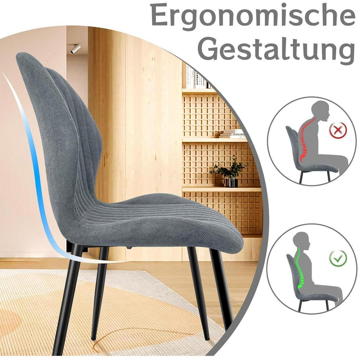 ESSZIMMERSTÜHLE 2er Set mit Stoff-Rückenlehne und Metallbeinen - Grau, Textil (44/88/41cm)