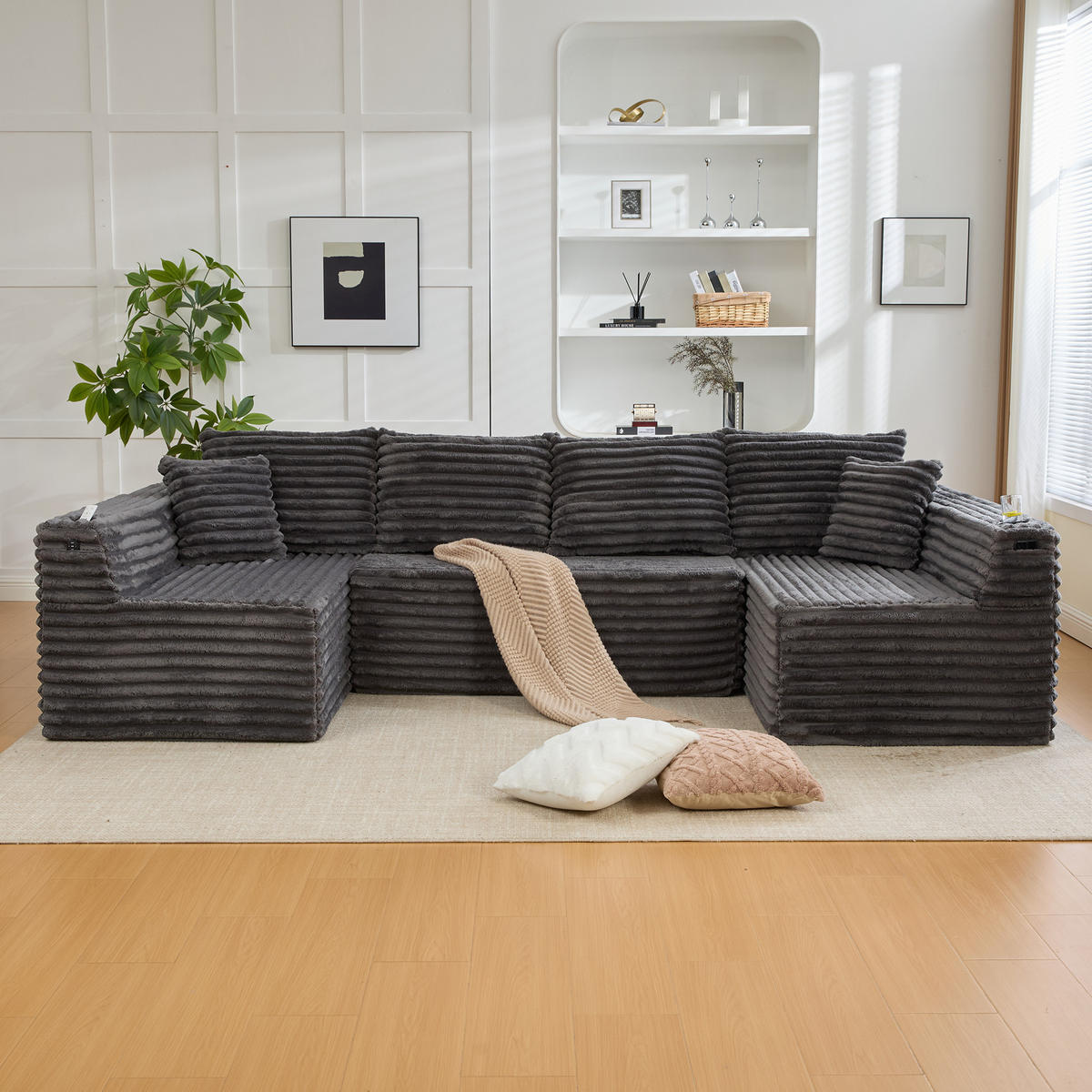 WOHNLANDSCHAFT 320/155/88 cm Dunkelgrau mit Getränkehalter und Seitentasche - Dunkelgrau, Textil (320/88/155cm) - Oxeza