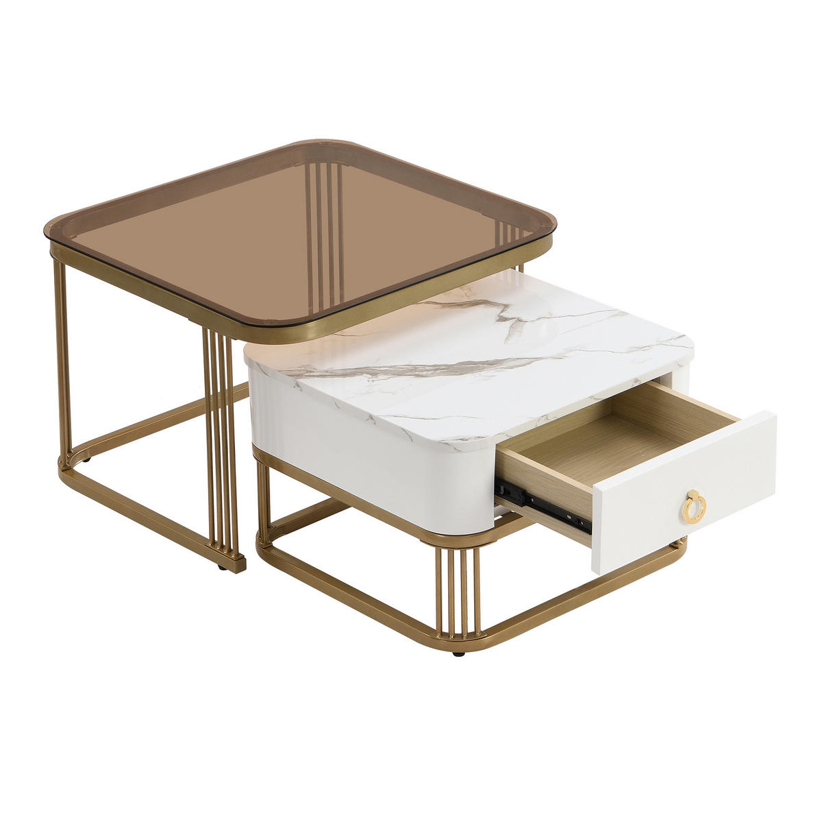 COUCHTISCH 2er-Set 60/60/44,5 & 50/50/34,5 cm in Marmoroptik mit Schublade - Weiß, Holzwerkstoff (60/60/45cm) - Flora Grace