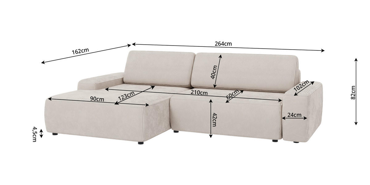 ECKSOFA Nancy Beige Cord - Beige/Schwarz, Holz/Kunststoff (264/162cm) - S-Style Möbel