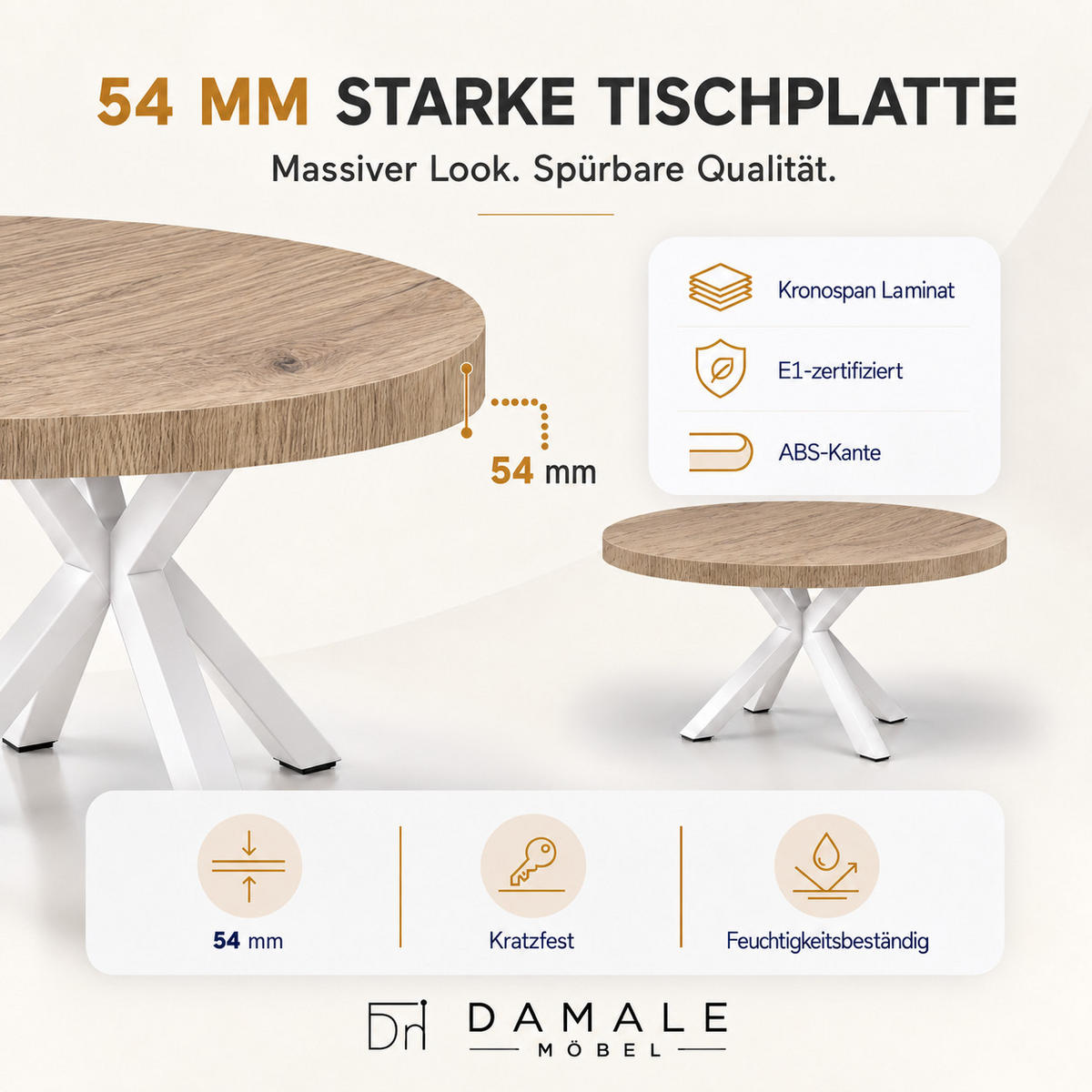 ESSTISCH rund ausziehbar 110-310/110/76 cm, Halifax Egger, 54 cm Tischplatte + X Metallbeine Weiß - Eichefarben/Weiß, Holzwerkstoff/Metall (110/110/76cm) - Damale Möbel